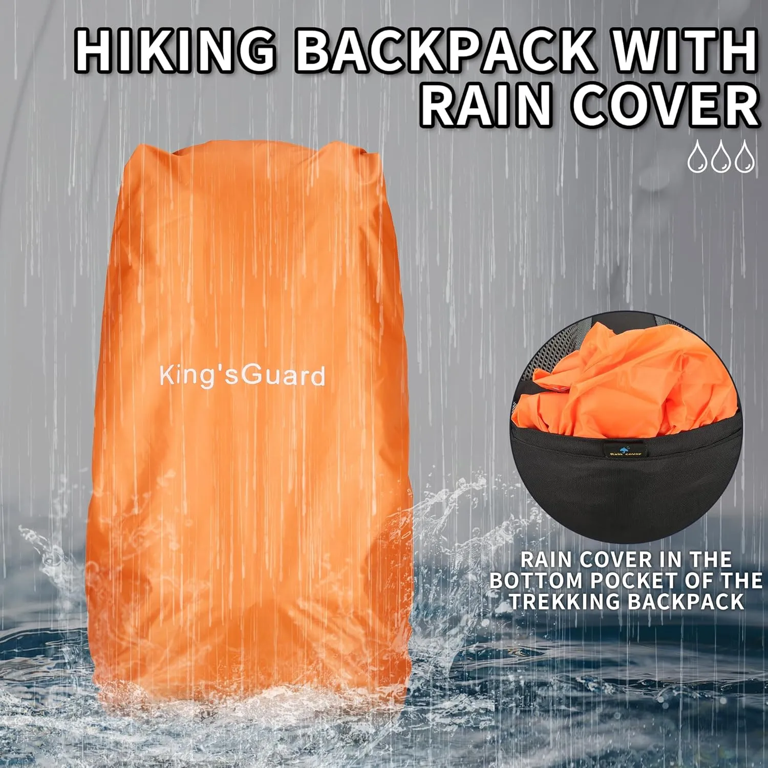 King'sGuard 60L Hiking Backpack Men Women Camping Backpack Waterproof Backpacking Mountaineering Climbing Daypack with Rain Cover (Orange)