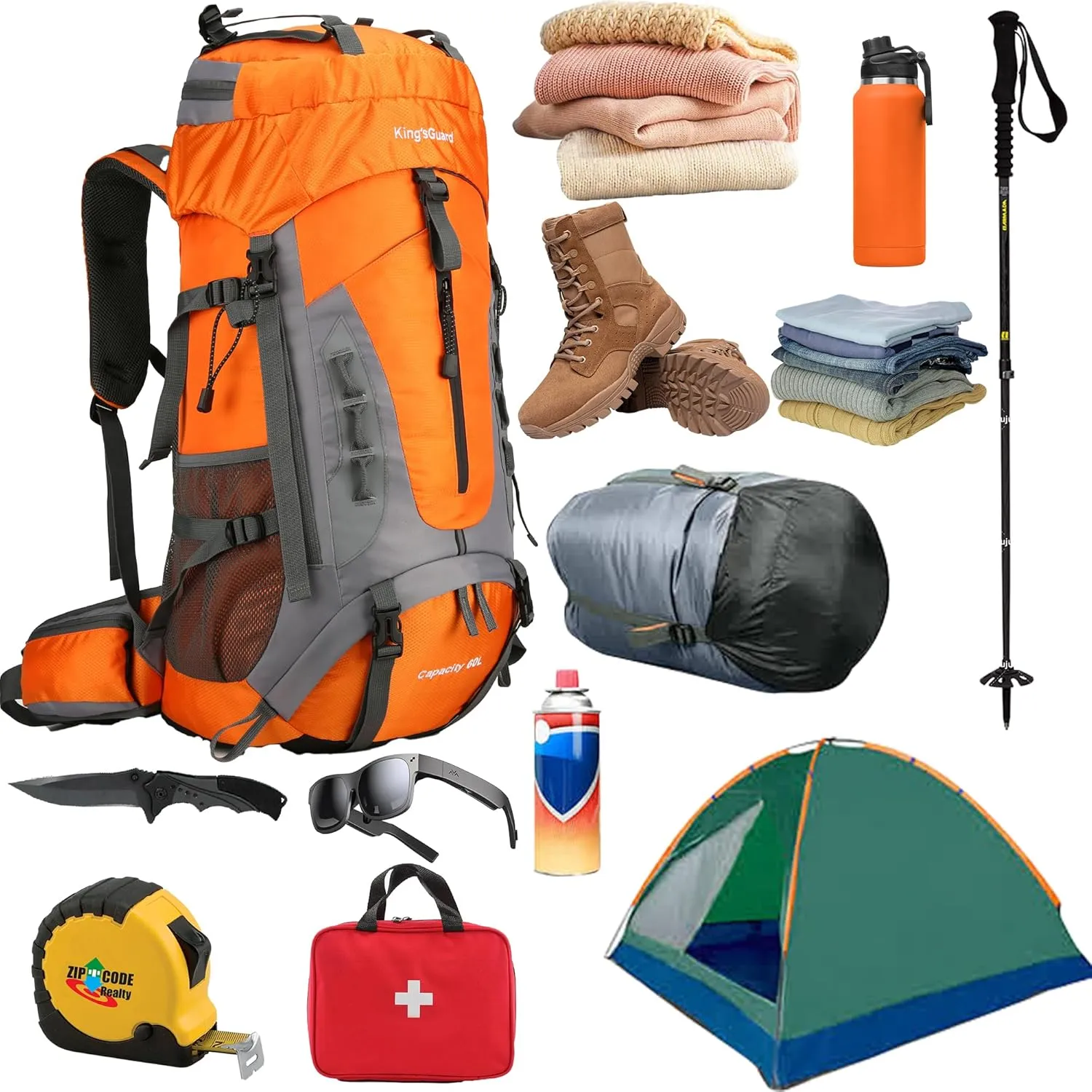 King'sGuard 60L Hiking Backpack Men Women Camping Backpack Waterproof Backpacking Mountaineering Climbing Daypack with Rain Cover (Orange)