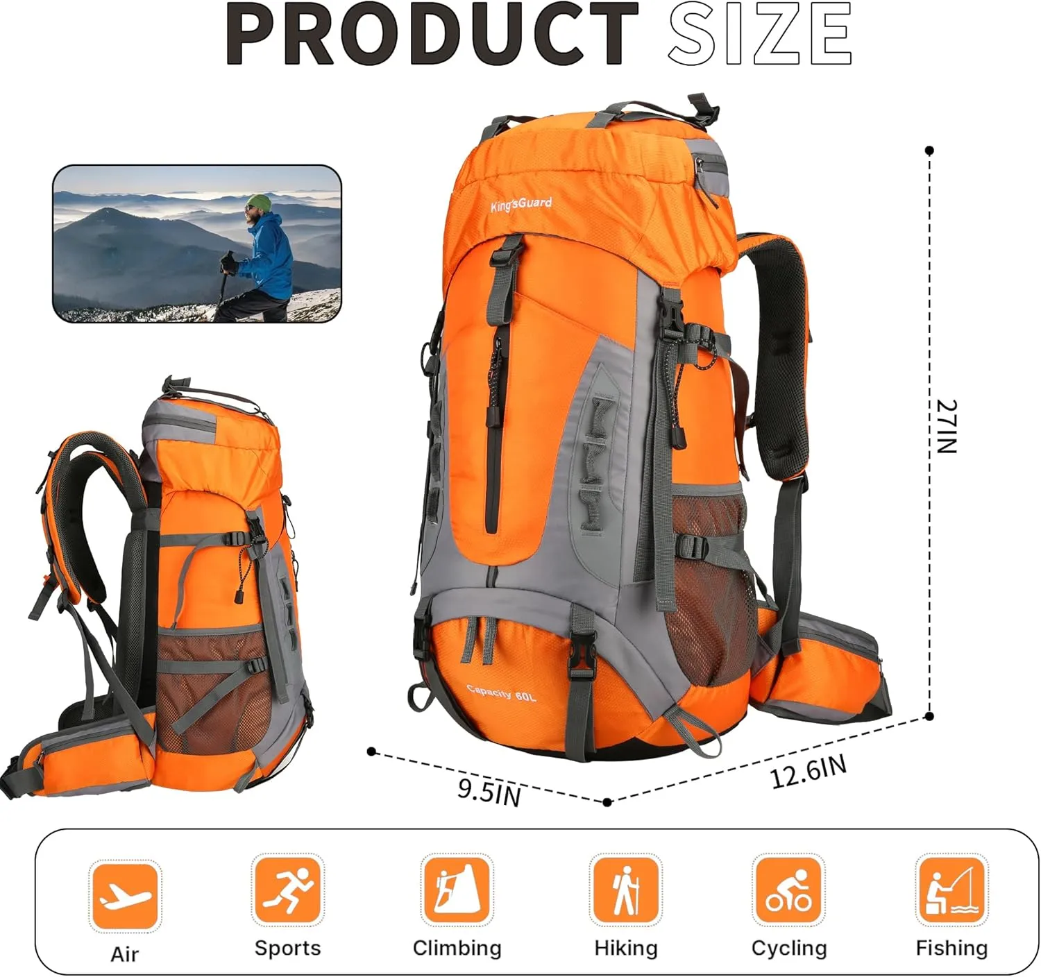 King'sGuard 60L Hiking Backpack Men Women Camping Backpack Waterproof Backpacking Mountaineering Climbing Daypack with Rain Cover (Orange)