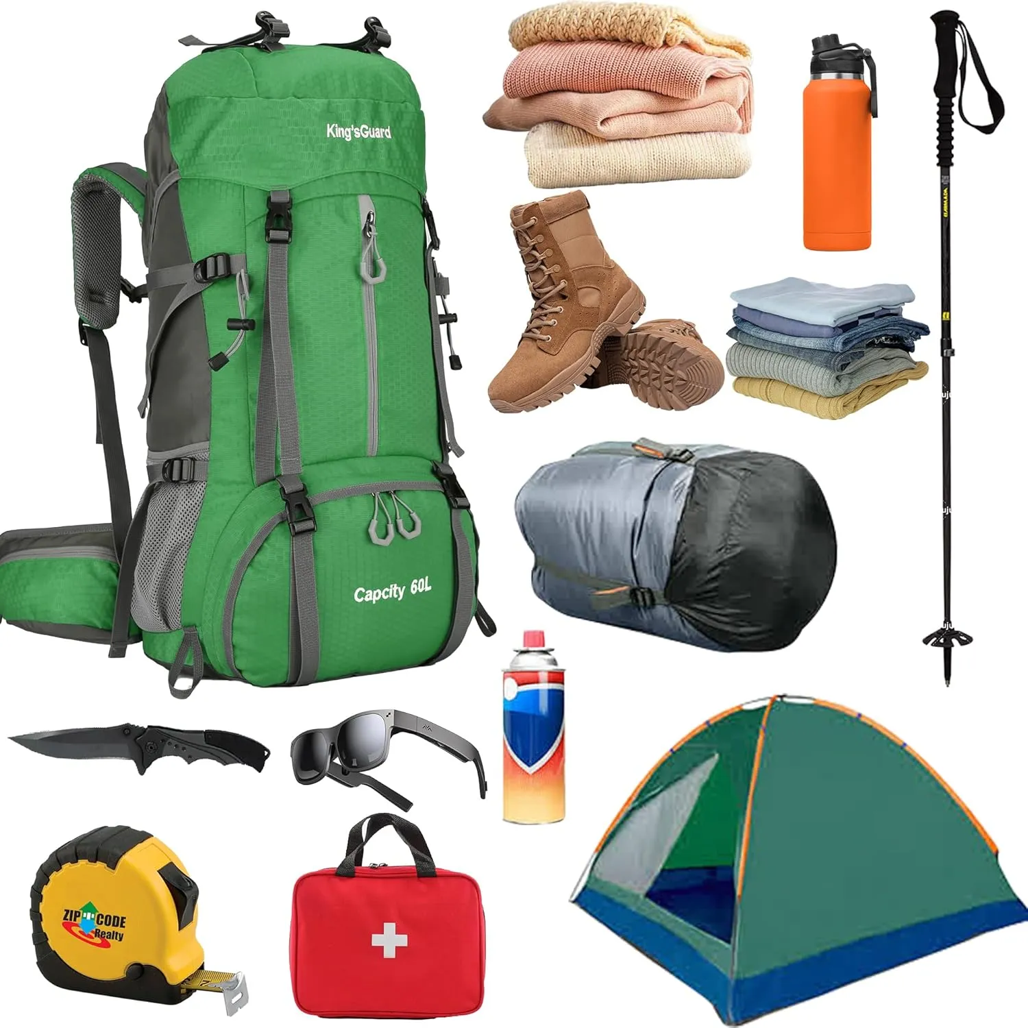 King'sGuard 60L Hiking Backpack, Waterproof Camping Backpacking Backpack for Men Outdoor Climbing Daypack (Green)