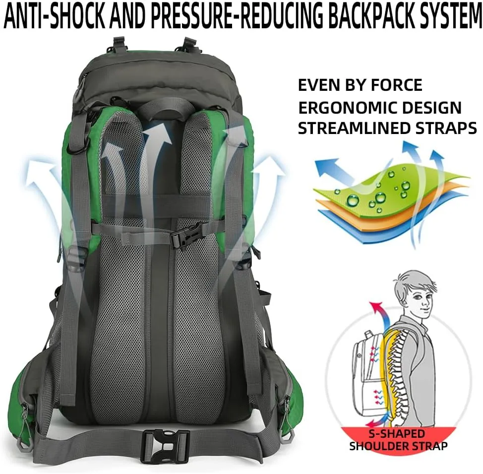 King'sGuard 60L Hiking Backpack, Waterproof Camping Backpacking Backpack for Men Outdoor Climbing Daypack (Green)
