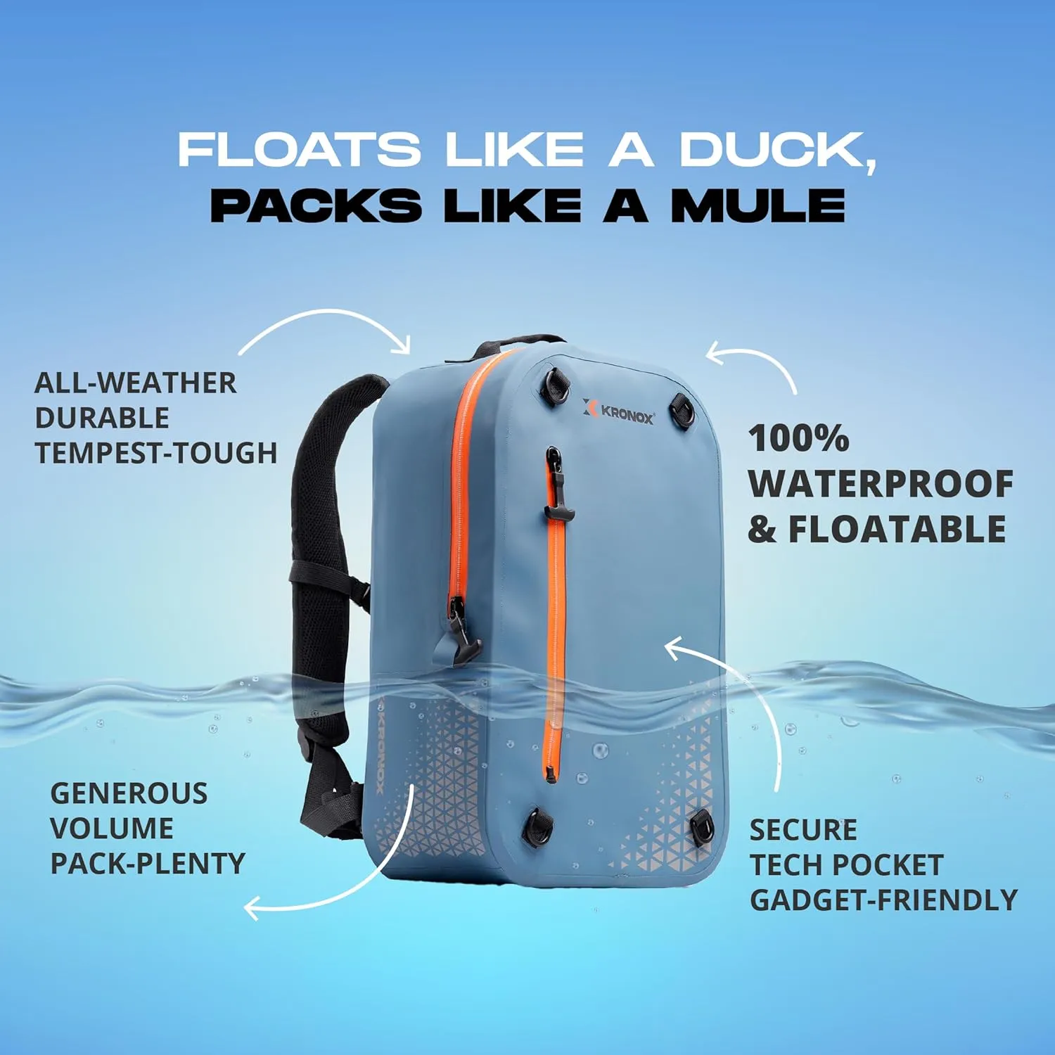 KRONOX 30L Waterproof Backpack for Men – IPX7 Submersible Dry Bag with Laptop Sleeve, Lightweight & Durable for Travel