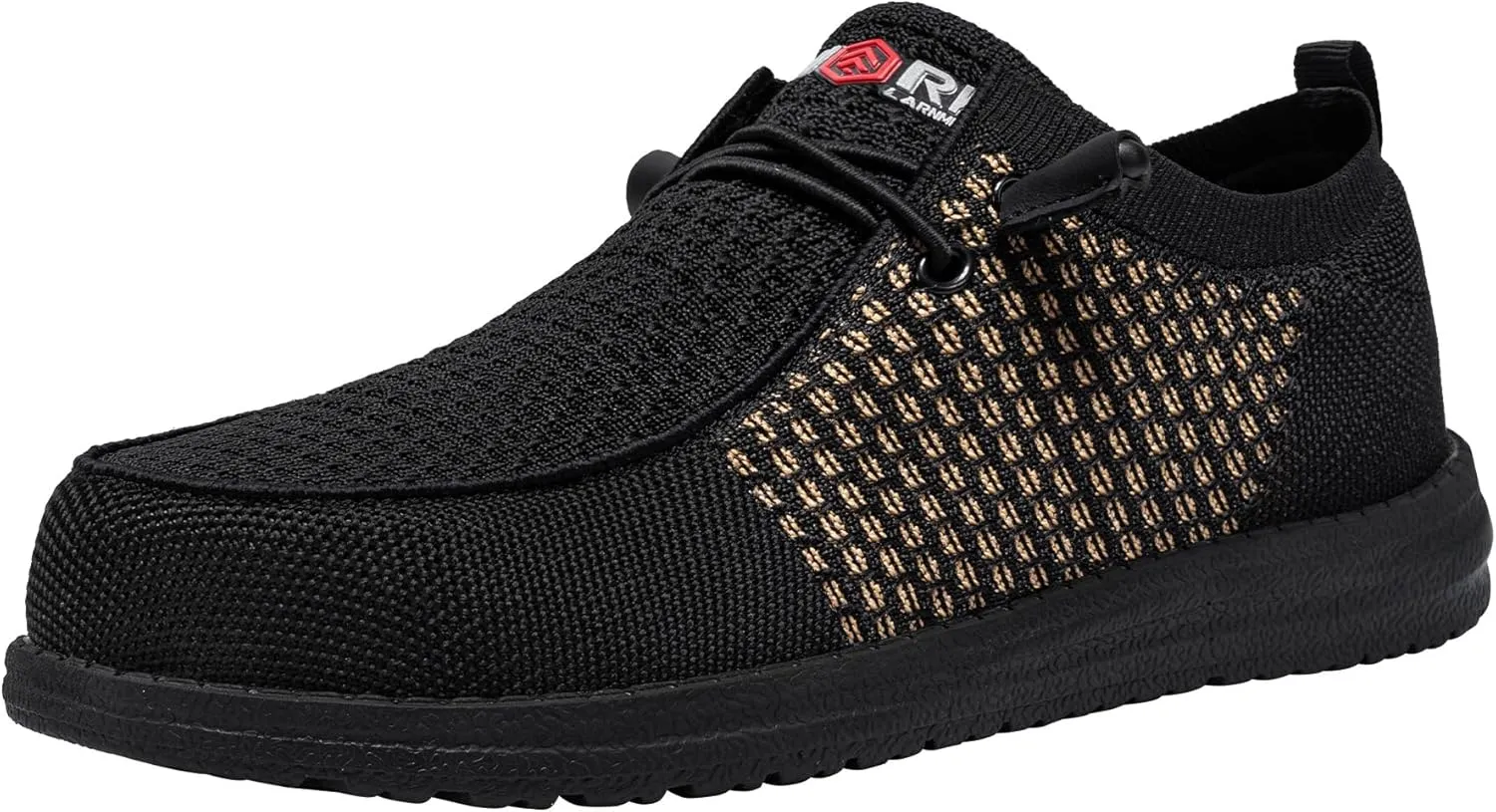 LARNMERN Slip On Steel Toe Shoes Men Lightweight Comfortable Lounging Walking Sneakers Safety Work Steel Toe Loafers(8.5 Men, Black Gold)