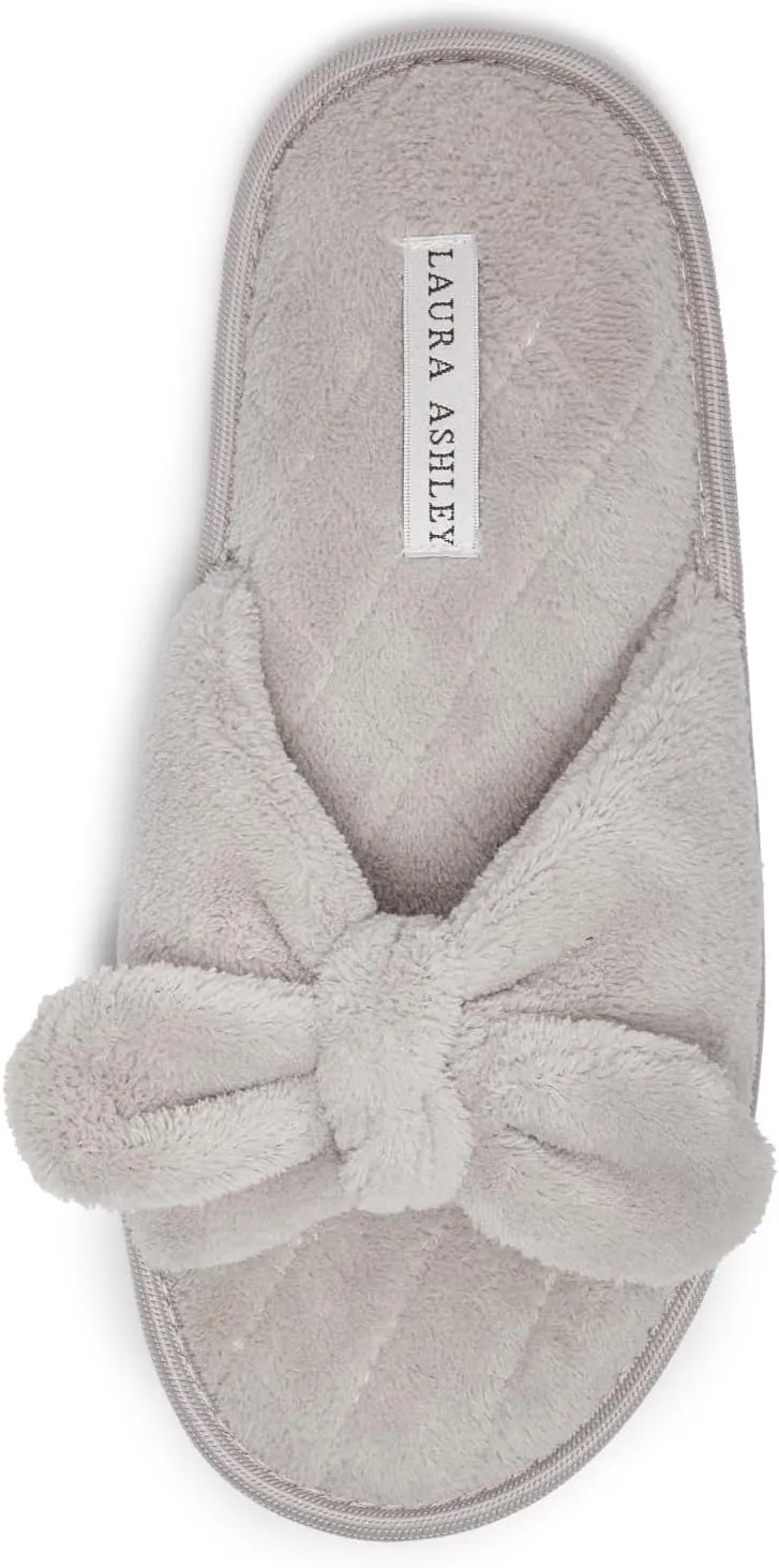 Laura Ashley Women's House Slippers - Cozy Bow Band Memory Foam Open Toe Spa Slide Slipper - Flat Slip On House Slippers for Women