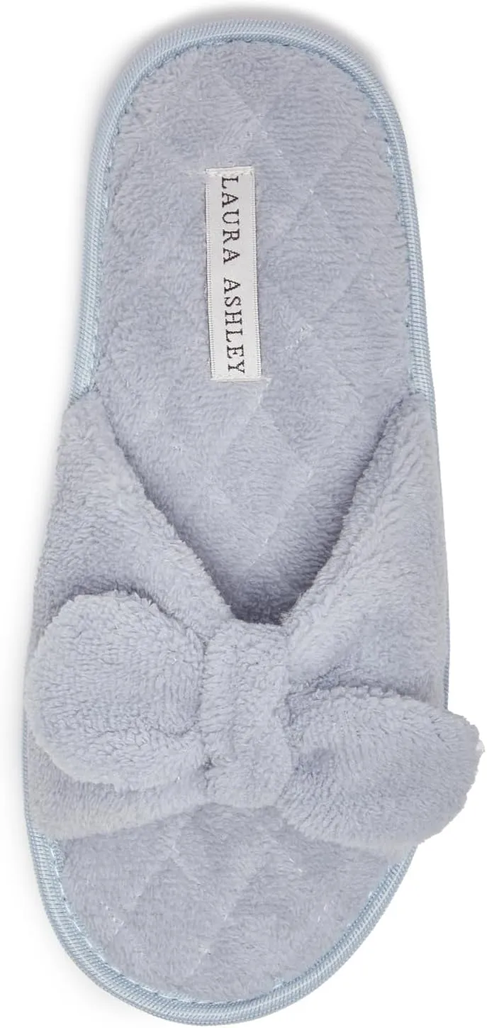 Laura Ashley Women's House Slippers - Cozy Bow Band Memory Foam Open Toe Spa Slide Slipper - Flat Slip On House Slippers for Women