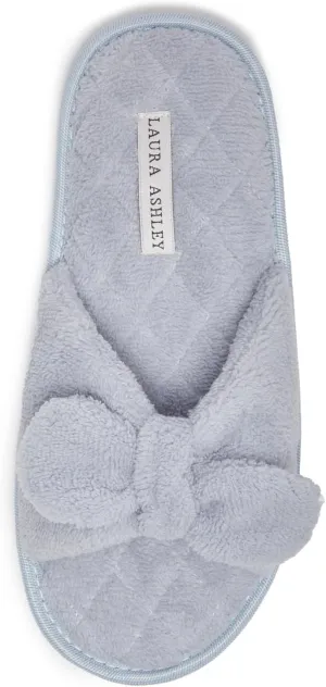 Laura Ashley Women's House Slippers - Cozy Bow Band Memory Foam Open Toe Spa Slide Slipper - Flat Slip On House Slippers for Women