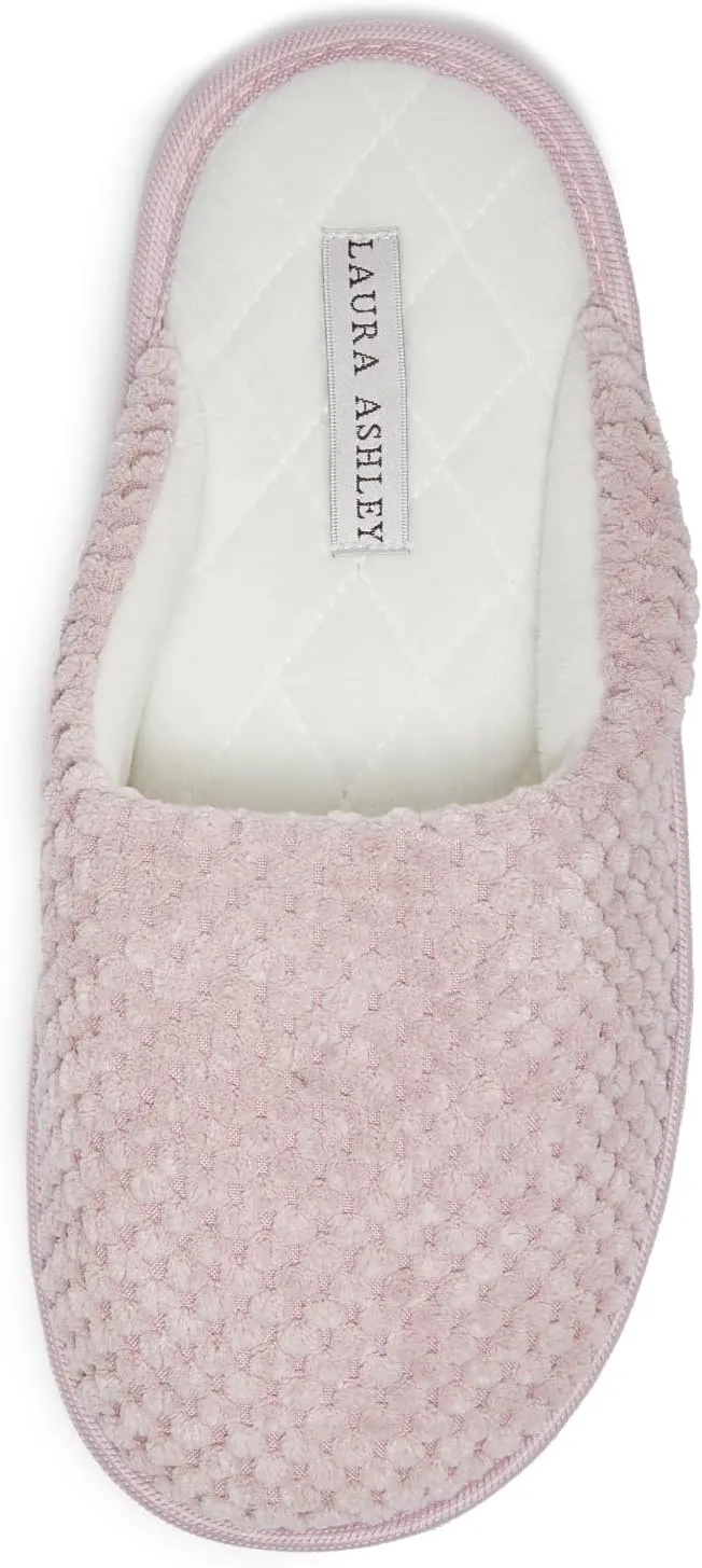 Laura Ashley Womens Plush Memory Foam Scuff Slippers, Fluffy Warm Micro Terry House Shoes, Comfy Slip On Bedroom Slipper