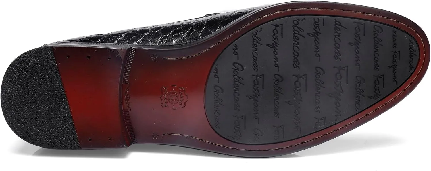 Leather Dress Shoes for Men, Classic Crocodile Printed Leather Slip-on Bit Loafer Shoes for Men