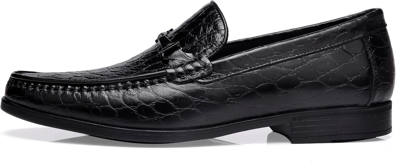 Leather Dress Shoes for Men, Classic Crocodile Printed Leather Slip-on Bit Loafer Shoes for Men