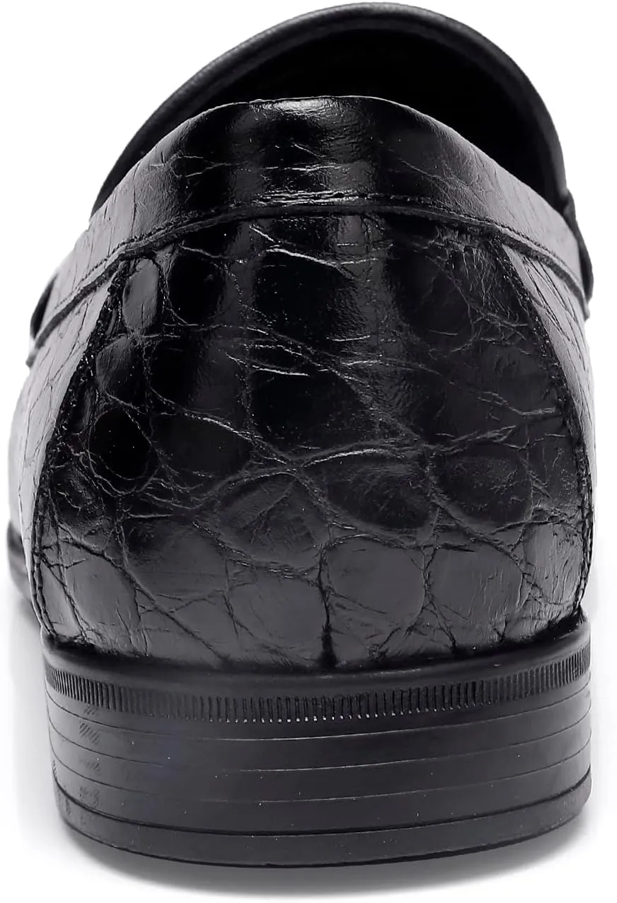 Leather Dress Shoes for Men, Classic Crocodile Printed Leather Slip-on Bit Loafer Shoes for Men