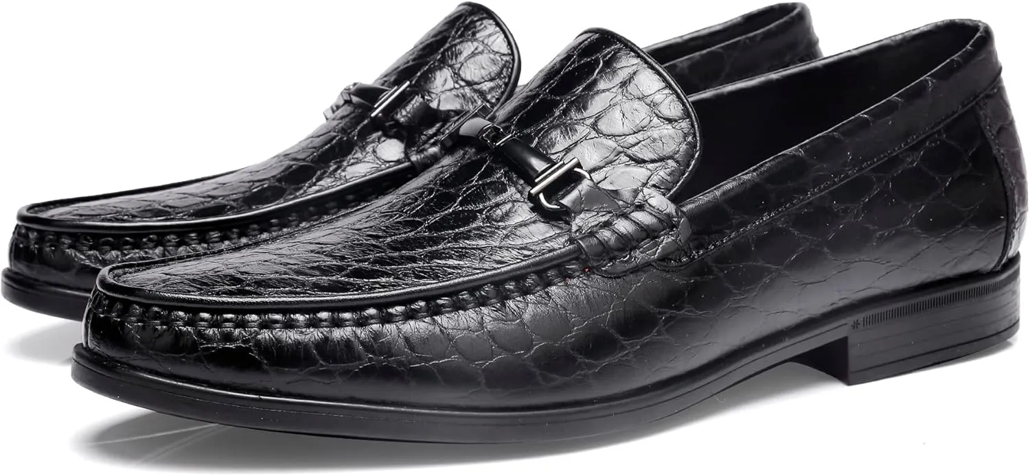 Leather Dress Shoes for Men, Classic Crocodile Printed Leather Slip-on Bit Loafer Shoes for Men