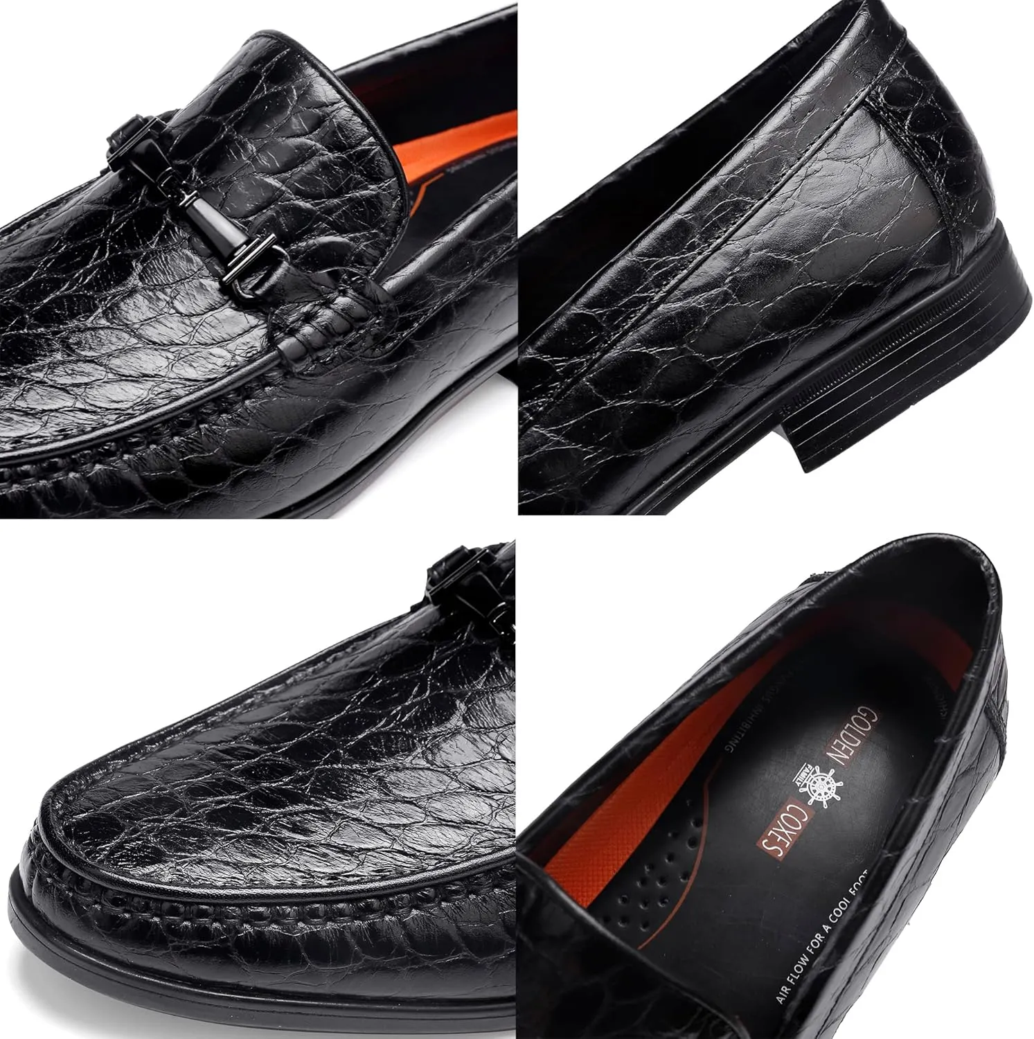 Leather Dress Shoes for Men, Classic Crocodile Printed Leather Slip-on Bit Loafer Shoes for Men