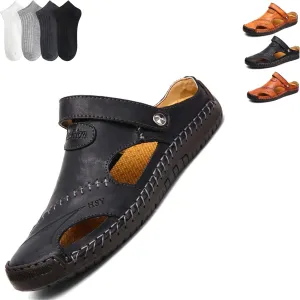 LELEBEAR Mutlon Sandals - Men's Casual Closed Toe Leather Handmade Sandals - Mutlon Leather Classic Sandals Slipper Outdoor