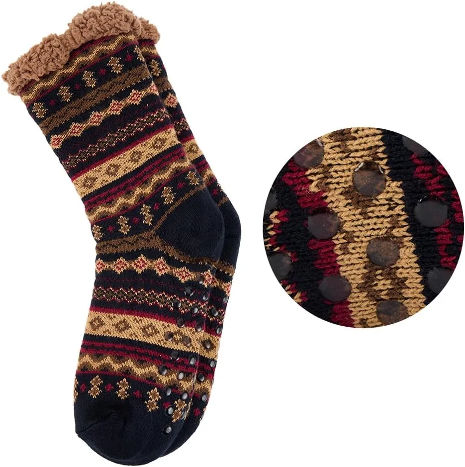 LEMZONE Men's Warm Cozy Slipper Socks Non Slip Winter Fuzzy Fleece Lining Cabin Sock with Grips