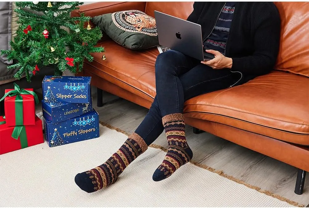 LEMZONE Men's Warm Cozy Slipper Socks Non Slip Winter Fuzzy Fleece Lining Cabin Sock with Grips