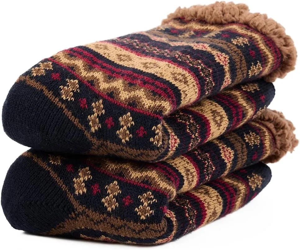 LEMZONE Men's Warm Cozy Slipper Socks Non Slip Winter Fuzzy Fleece Lining Cabin Sock with Grips