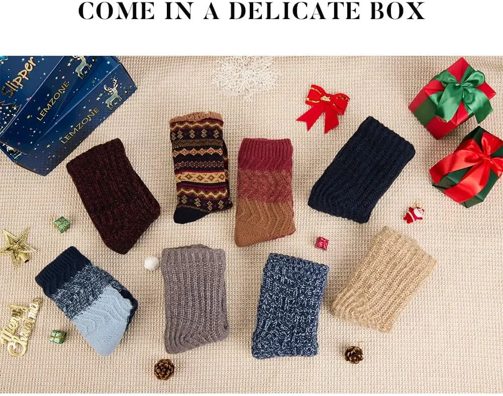 LEMZONE Men's Warm Cozy Slipper Socks Non Slip Winter Fuzzy Fleece Lining Cabin Sock with Grips