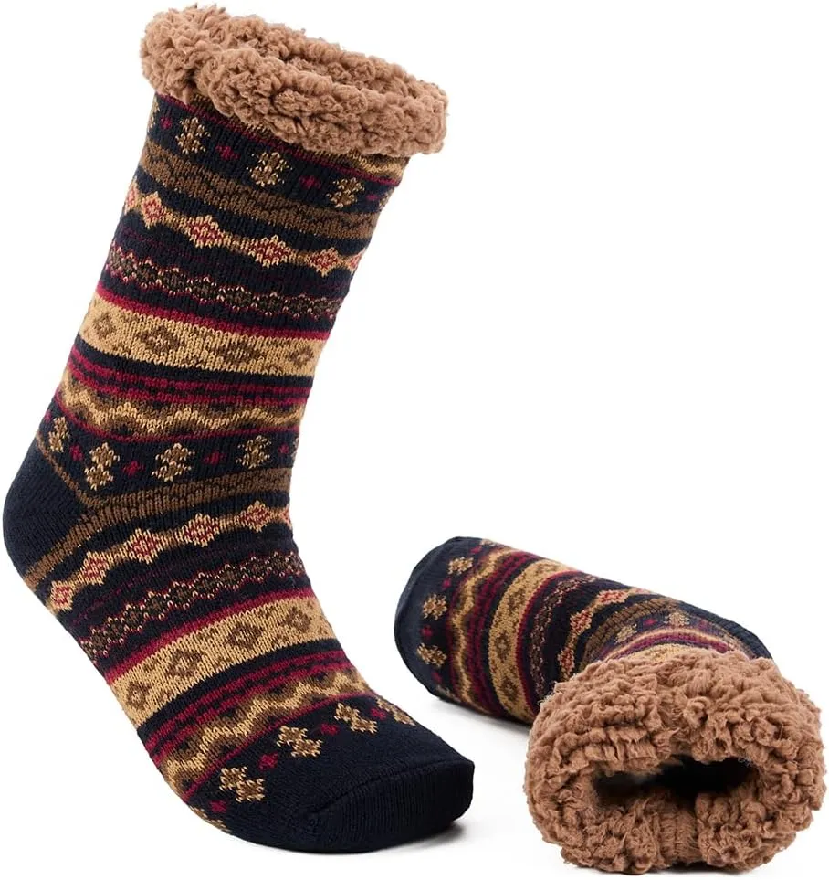 LEMZONE Men's Warm Cozy Slipper Socks Non Slip Winter Fuzzy Fleece Lining Cabin Sock with Grips