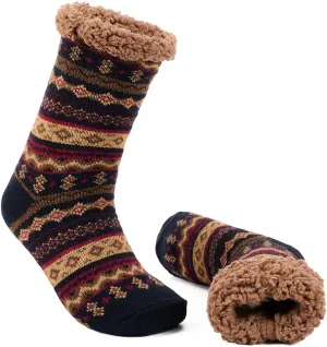 LEMZONE Men's Warm Cozy Slipper Socks Non Slip Winter Fuzzy Fleece Lining Cabin Sock with Grips
