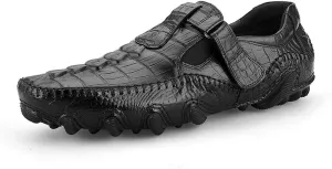 Loafers for Men Faux Crocodile Patter Monk Strap Strong Lug Soles Genuine Leather Slip on Shoes Square Toe