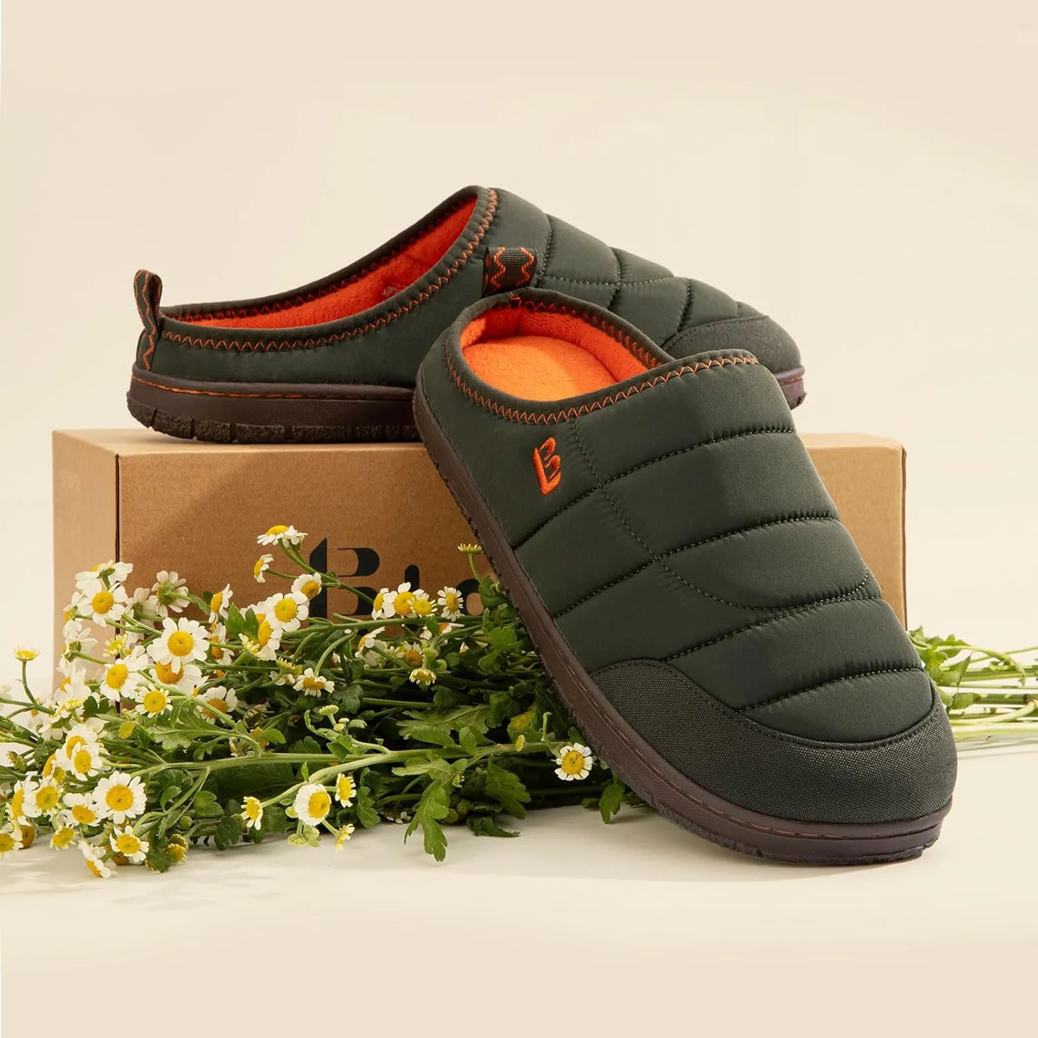 LongBay Mens Slip on Slippers Two-Tone Indoor Outdoor House Shoes Memory Foam Camping Garden Down Clogs