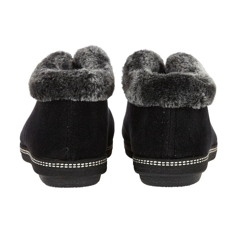 Lotus Ladies Grace Black Faux Fur Trim Memory Foam Full Slipper Booties