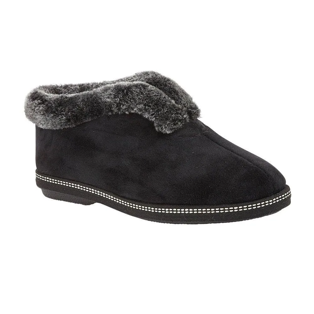 Lotus Ladies Grace Black Faux Fur Trim Memory Foam Full Slipper Booties
