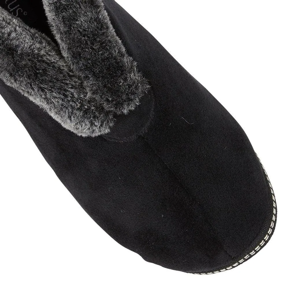 Lotus Ladies Grace Black Faux Fur Trim Memory Foam Full Slipper Booties