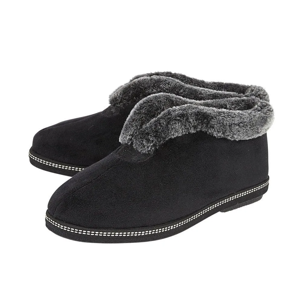 Lotus Ladies Grace Black Faux Fur Trim Memory Foam Full Slipper Booties