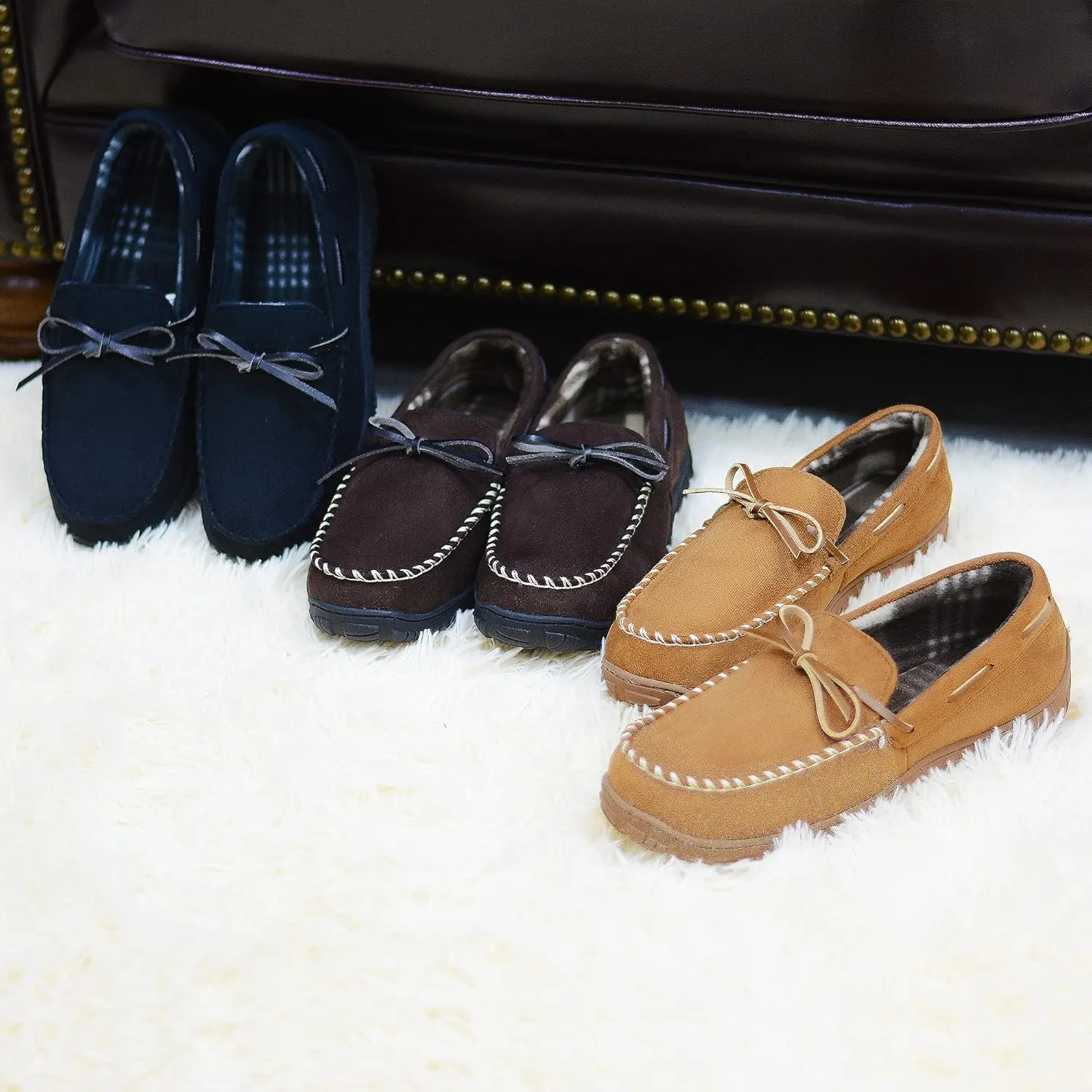 Lulex Mens Moccasin Slippers Memory Foam Indoor Outdoor House Shoes with Hard Sole
