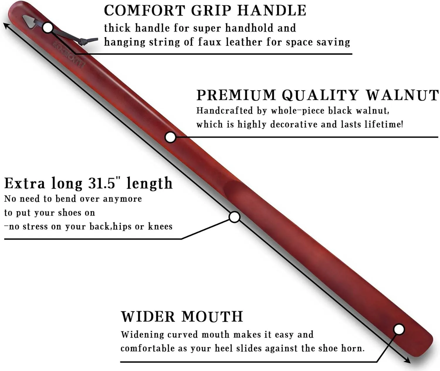 Luxdecor Long Handled Wooden Shoehorns-15in/24in/31.5in Wooden Long Handle Shoe Horn for Seinors Men Boot Jack Shoe Helper