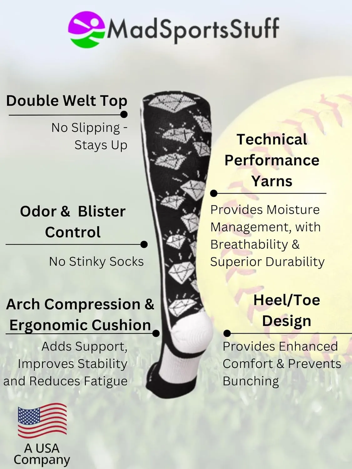 MadSportsStuff Softball Socks with Diamonds for Girls Women Kids Youth Adult Over the Calf Soccer