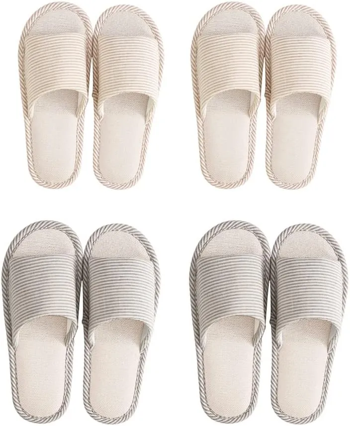 maltose Disposable Slippers for Guests Washable Reusable Unisex Slipper Set 4 Pair Non Slip Thick Bottom Breathable Linen House Slipper open-toe (2 Beige Medium Size 2 Brown Large Size)