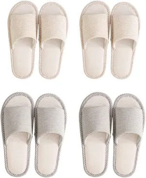 maltose Disposable Slippers for Guests Washable Reusable Unisex Slipper Set 4 Pair Non Slip Thick Bottom Breathable Linen House Slipper open-toe (2 Beige Medium Size 2 Brown Large Size)