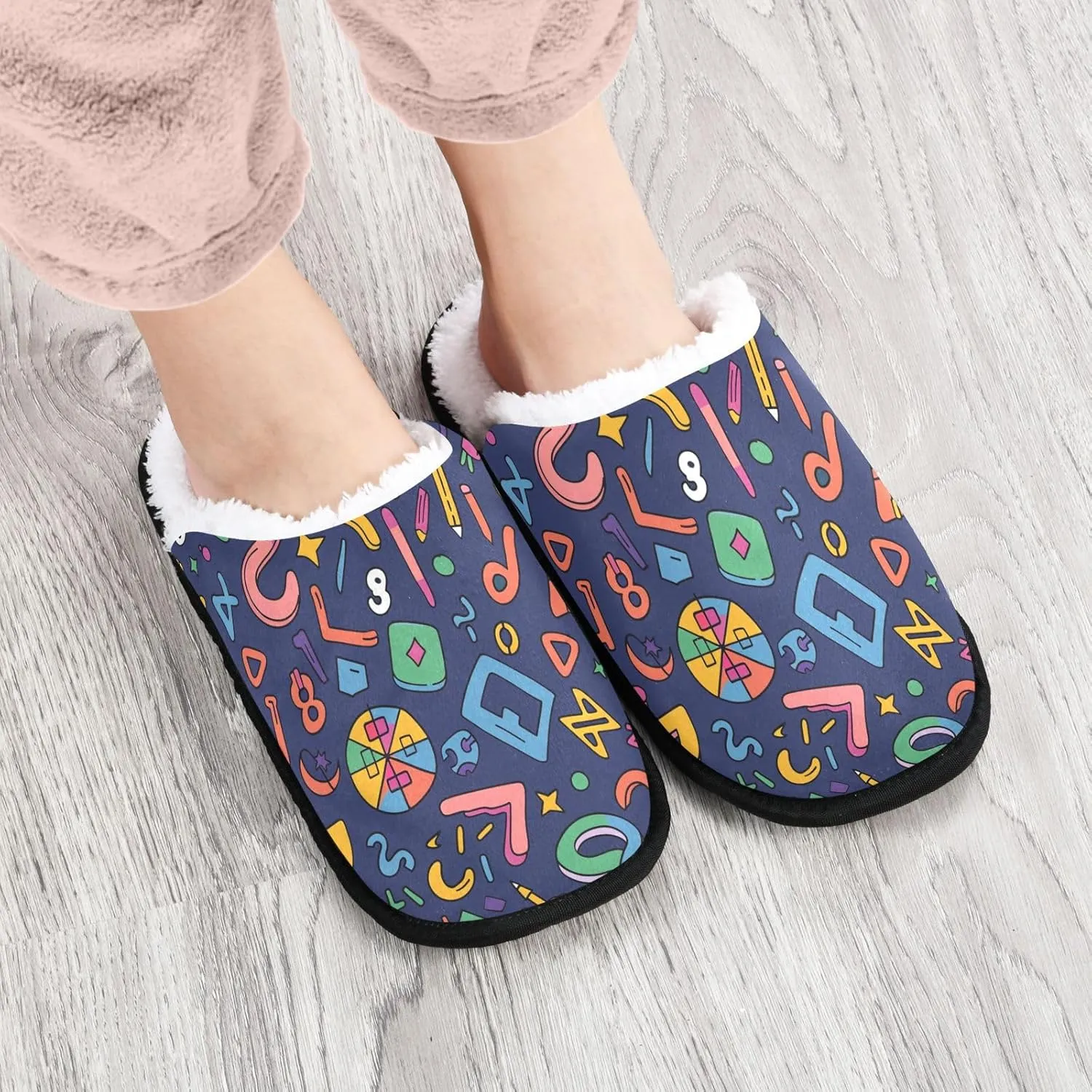 Math Cartoon Colorful Plush Slippers for Women Men Warm Comfortable Travel Spa Slipper Non-slip House Shoes