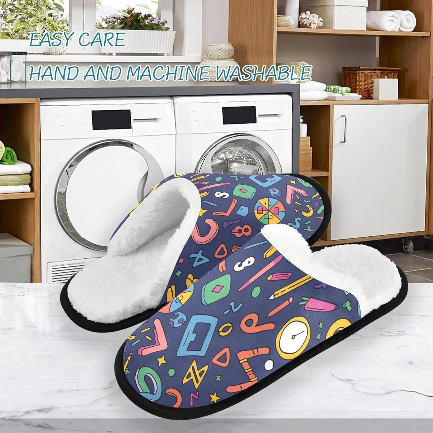 Math Cartoon Colorful Plush Slippers for Women Men Warm Comfortable Travel Spa Slipper Non-slip House Shoes
