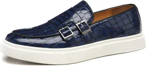 Men's Crocodile Print Double Monk Strap Slip-on Loafers Fashion Patent Leather Classic Oxford Dress Business Shoes Rointed Toe Comfort Sneakers