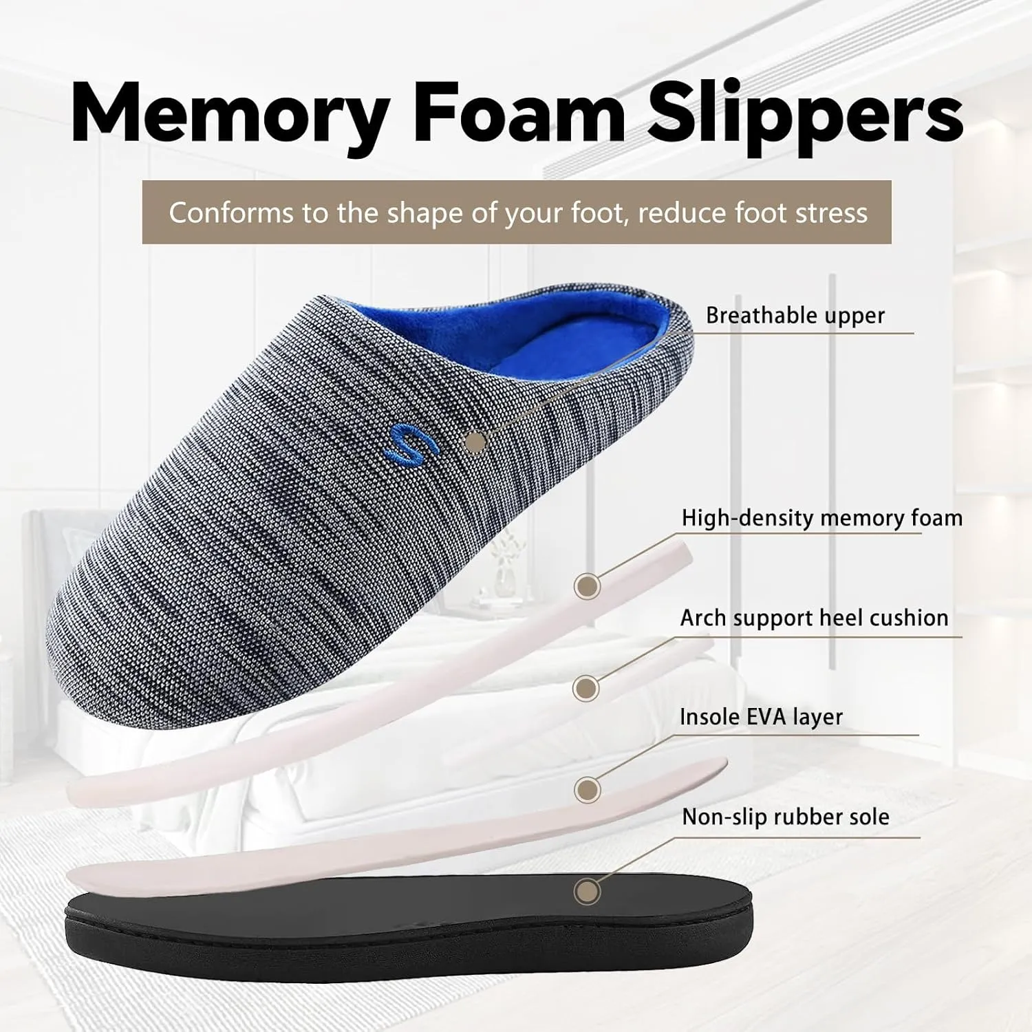 Mens Memory Foam Slipper, Slip on Cozy Slippers for Man, Warm Flannel Machine Washable House Slippers Indoor Outdoor