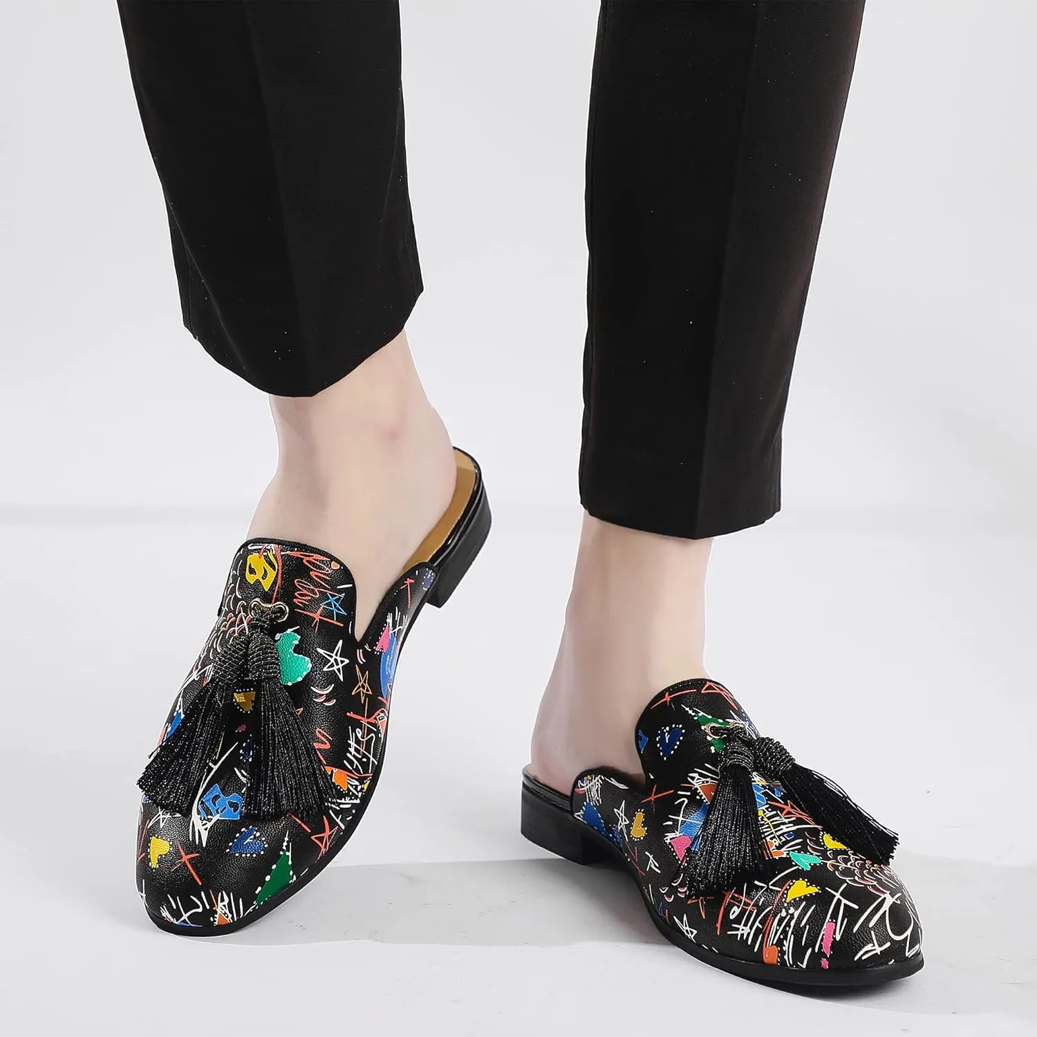 Men's Slip-on Mule Sandals Loafer with Gold Buckle,Fashion Leather Formal Wear Casual Backless Dress Slippers