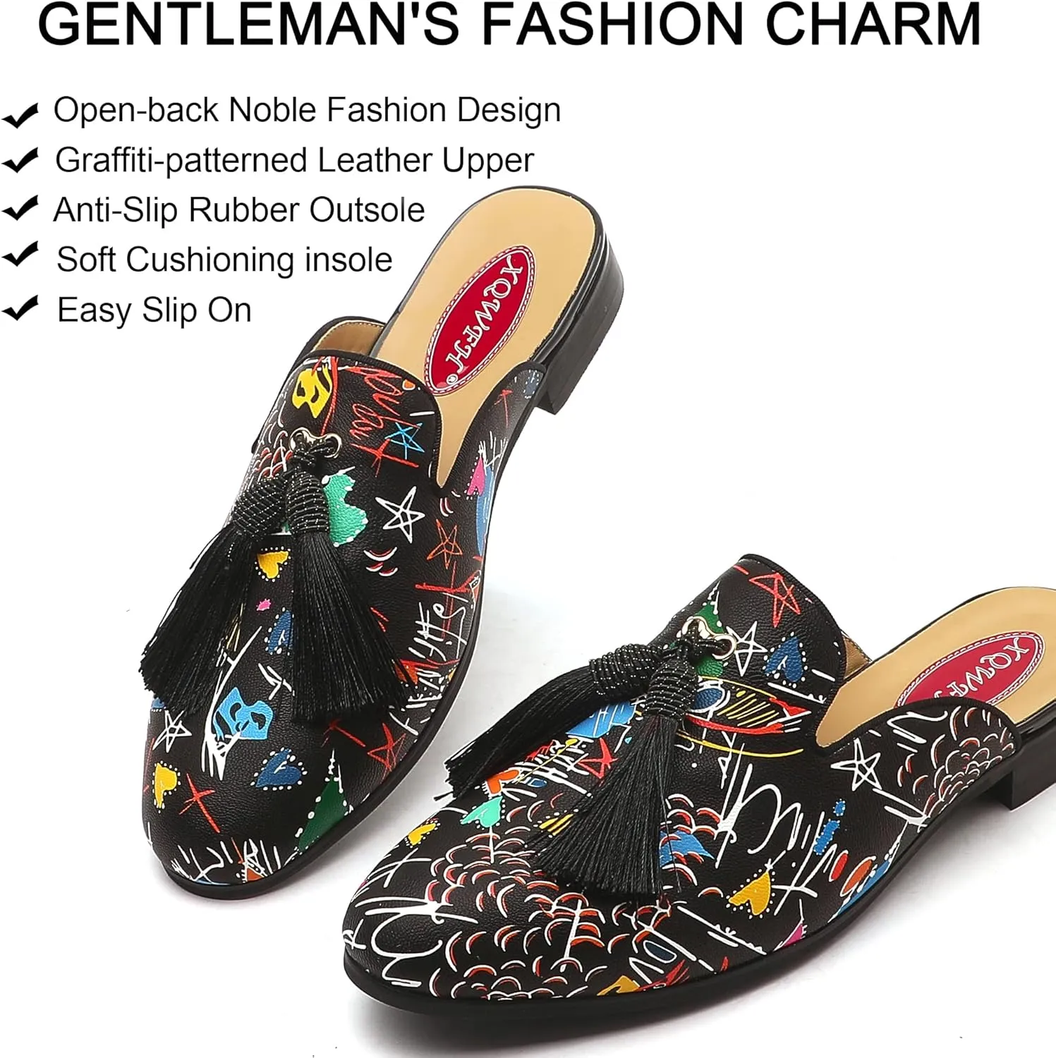 Men's Slip-on Mule Sandals Loafer with Gold Buckle,Fashion Leather Formal Wear Casual Backless Dress Slippers