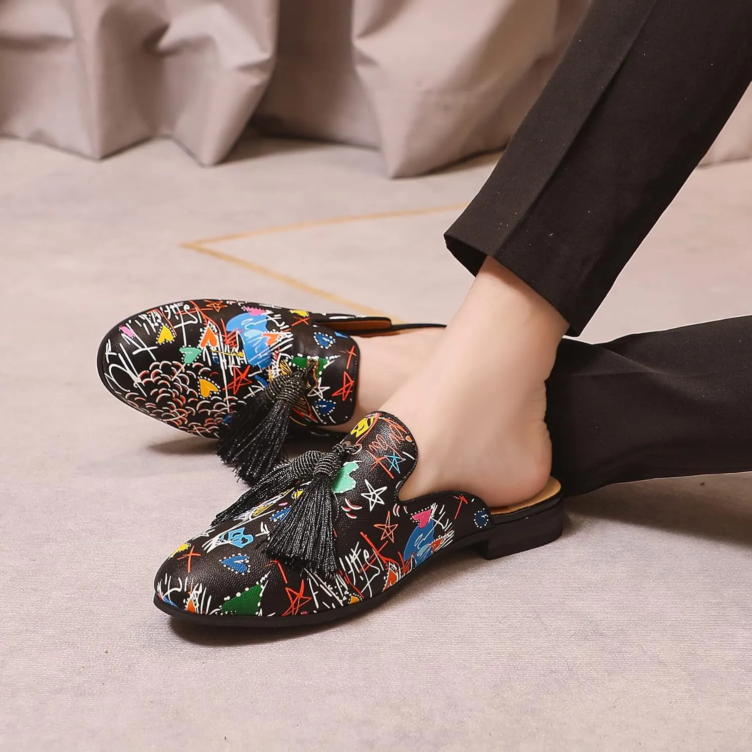 Men's Slip-on Mule Sandals Loafer with Gold Buckle,Fashion Leather Formal Wear Casual Backless Dress Slippers