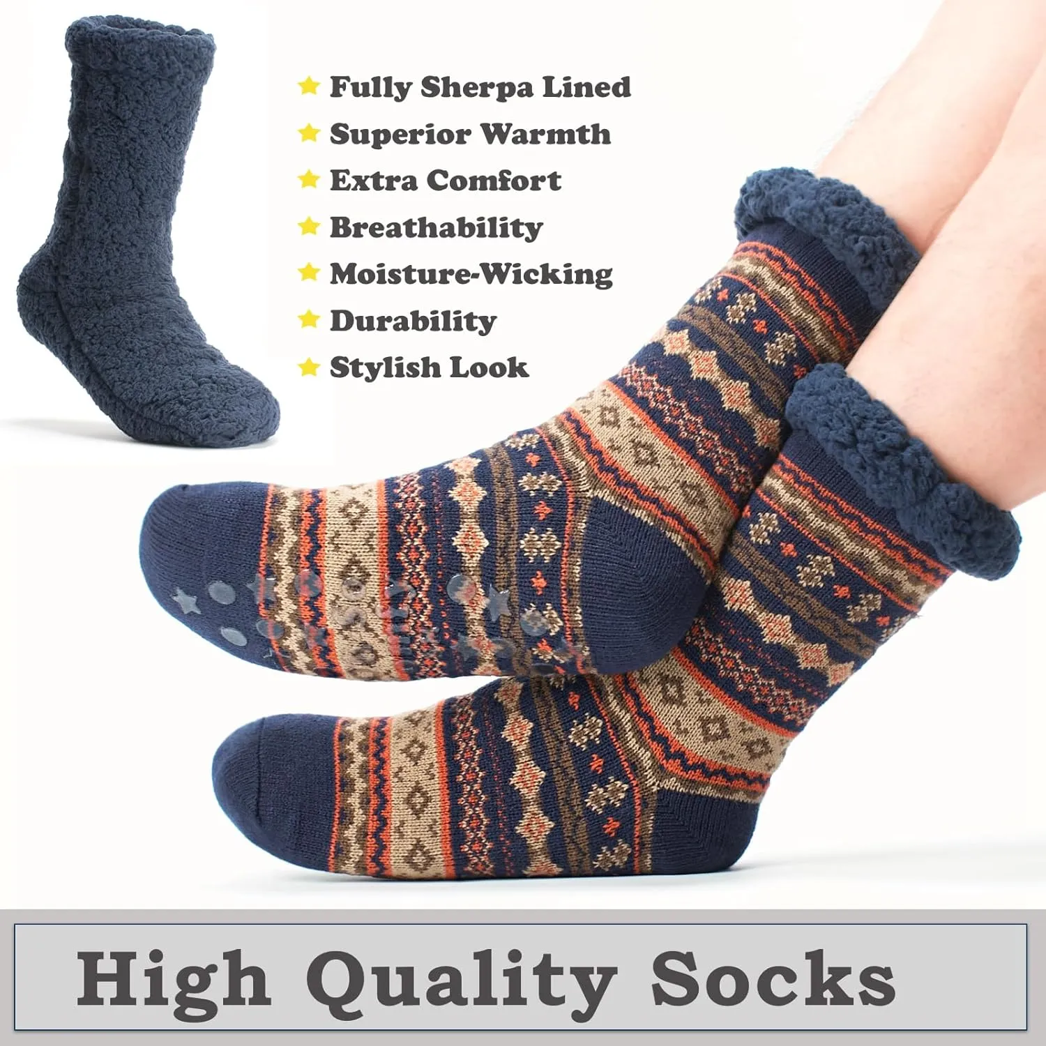 Men's Slipper Socks with Non-Slip Grippers, Thermal Fuzzy Warm Sherpa Lining, Cozy Gifts