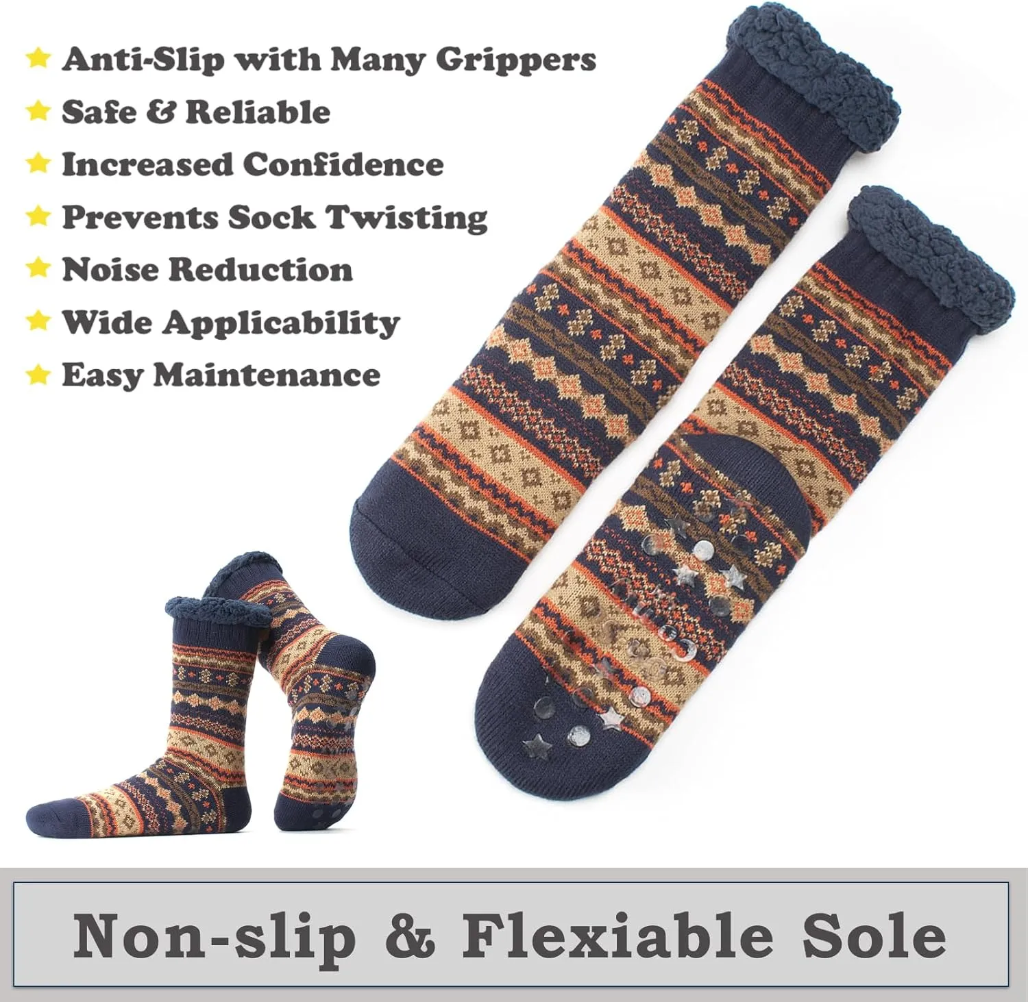Men's Slipper Socks with Non-Slip Grippers, Thermal Fuzzy Warm Sherpa Lining, Cozy Gifts