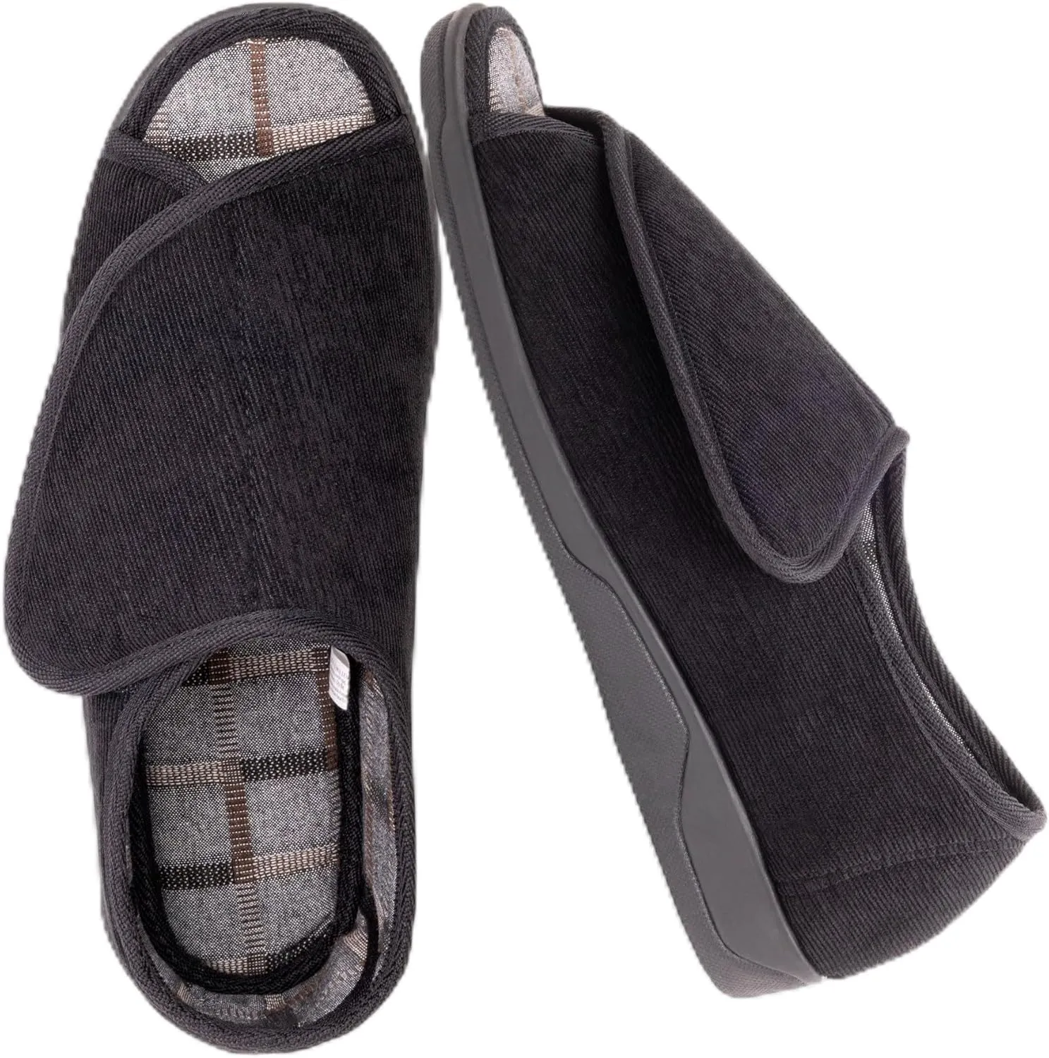 Men's Wide Furry 80-D Memory Foam Diabetic Slipper with Adjustable Closures, Wide Width Warm Plush Fleece Arthritis Edema Swollen Diabetic House Shoes Machine Washable w/Anti Slip Sole