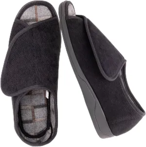 Men's Wide Furry 80-D Memory Foam Diabetic Slipper with Adjustable Closures, Wide Width Warm Plush Fleece Arthritis Edema Swollen Diabetic House Shoes Machine Washable w/Anti Slip Sole