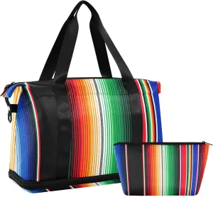 Mexican Serape Blanket Stripes Travel Duffel Bag, Waterproof Sports Tote Gym Bag with Shoes Compartment