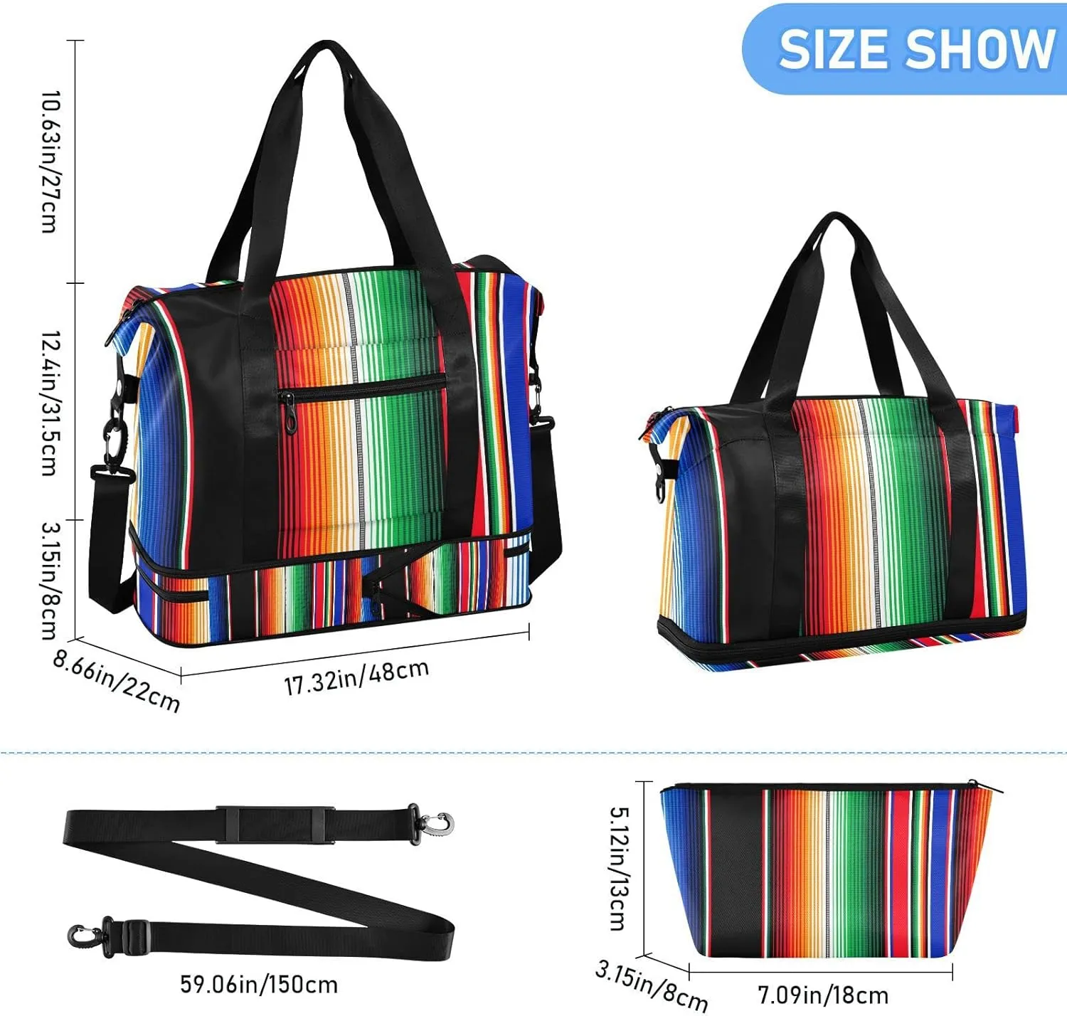 Mexican Serape Blanket Stripes Travel Duffel Bag, Waterproof Sports Tote Gym Bag with Shoes Compartment