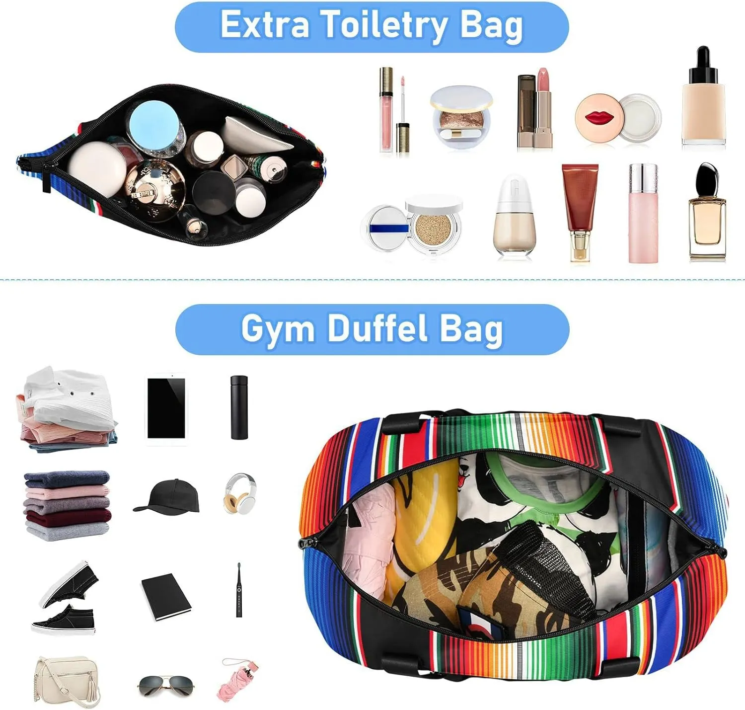 Mexican Serape Blanket Stripes Travel Duffel Bag, Waterproof Sports Tote Gym Bag with Shoes Compartment