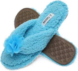 Millffy Plush Cozy Faux Shearling Thong Slide On Sherpa Womens Flip-Flops Slippers with Flowers