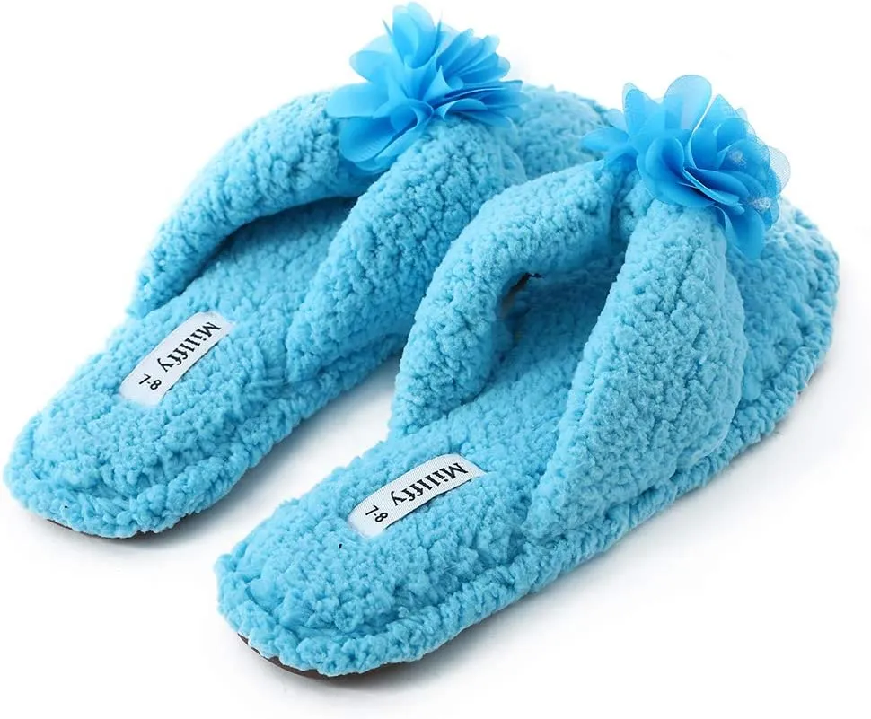 Millffy Plush Cozy Faux Shearling Thong Slide On Sherpa Womens Flip-Flops Slippers with Flowers